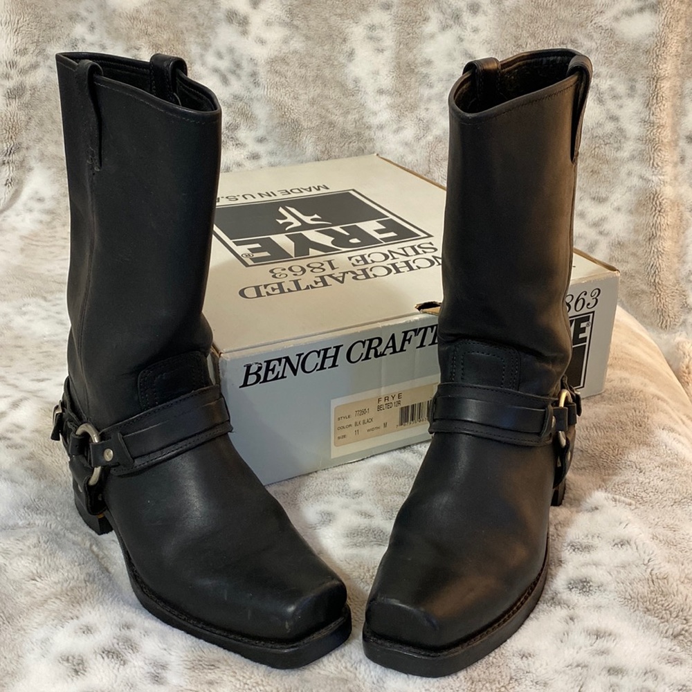 Frye Belted Harness Black Leather Boots